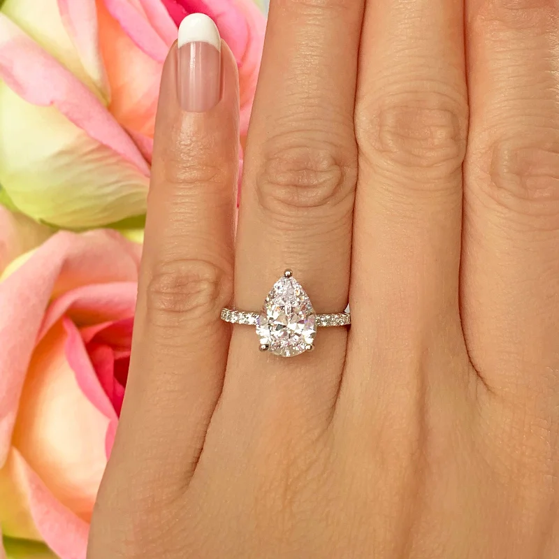 Vintage - Inspired Engagement Rings with Filigree Work and Emerald - Cut Center Stone3.25 ctw Pear Accented Solitaire Ring - 10k Solid White Gold