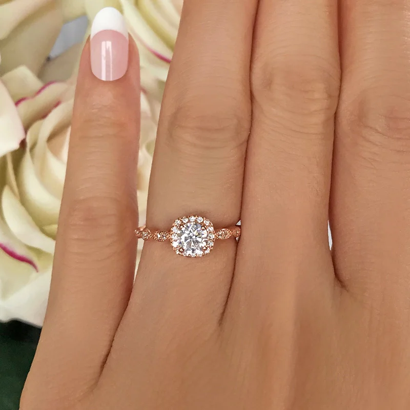 Marquise Cut Engagement Rings with a Channel - Set Diamond Band3/4 ctw Art Deco Halo Ring - Rose GP