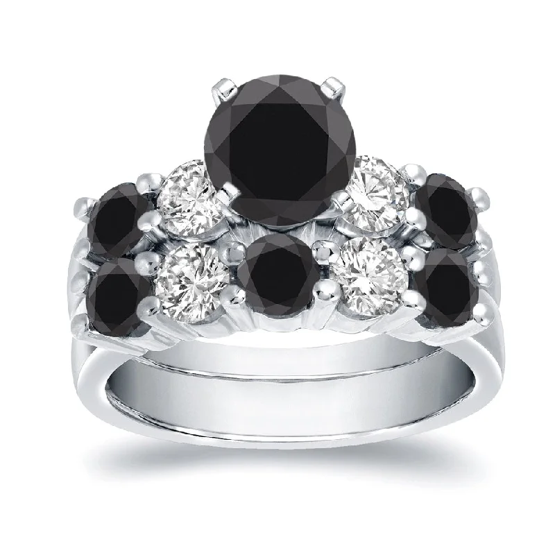 Art Deco Engagement Rings with Geometric Patterns and Baguette - Cut Diamond AccentsAuriya 14k Gold 14k White Gold 4ctw 5-Stone Black Diamond Engagement Ring Set