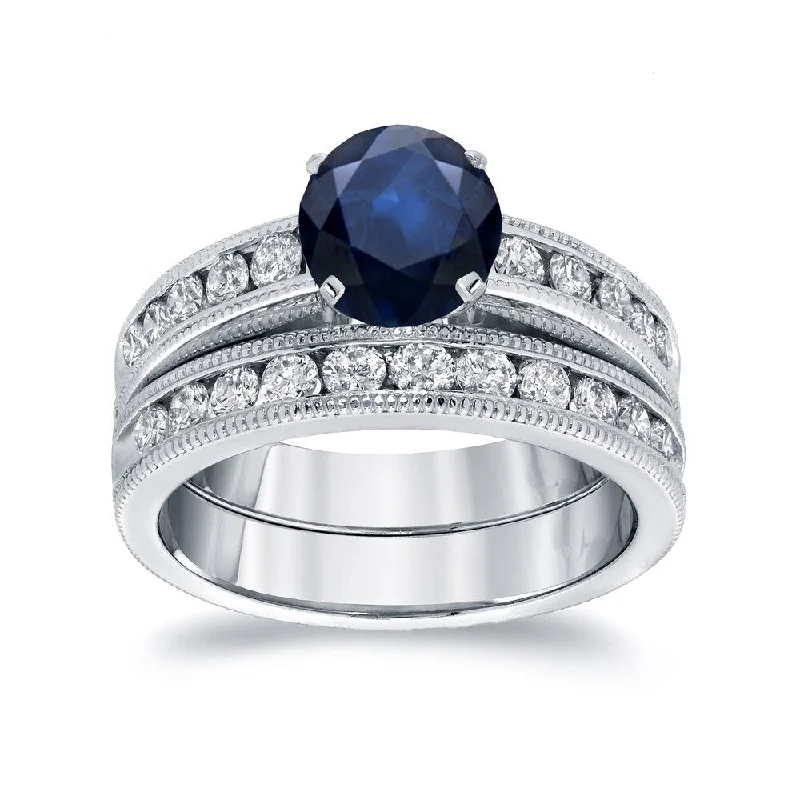 Cathedral - Style Engagement Rings with a Raised Center Stone and Intricate MetalworkAuriya 14k Gold Vintage 1ct Blue Sapphire and 1ctw Diamond Engagement Ring Set