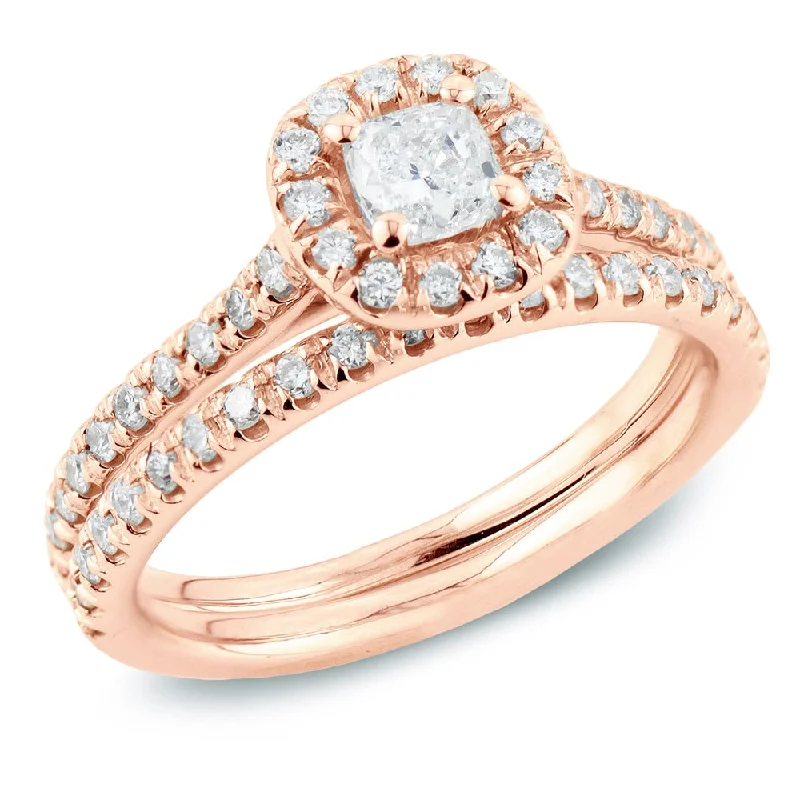 Three - Stone Engagement Rings Symbolizing Love's Past, Present, and Future with Asscher - Cut DiamondsAuriya 14k Rose Gold 1 carat TW Cushion-cut Halo Diamond Engagement Ring Set