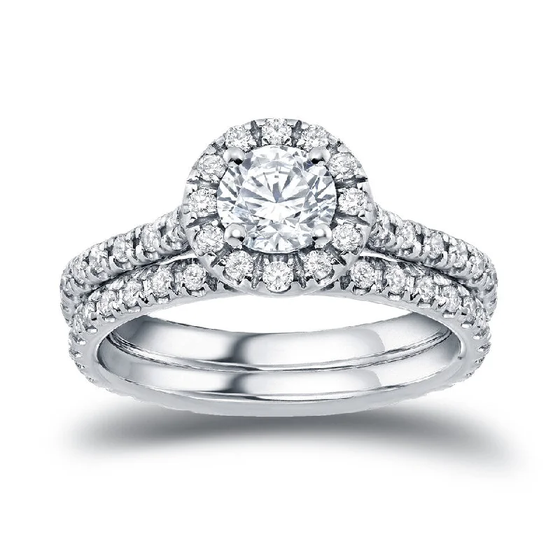 Cushion - Cut Halo Engagement Rings with a Platinum Band and Micro - Pave DetailsAuriya Platinum 1 carat TW Round Halo Diamond Engagement Ring Set