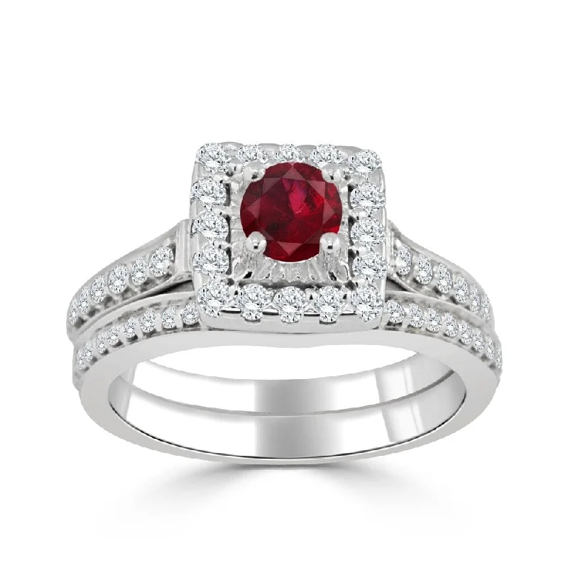 Emerald Cut Engagement Rings with Platinum Gallery and Split Shank DesignAuriya Round 2/5ct Red Ruby and 5/8cttw Diamond Halo Engagement Ring Set 14k Gold