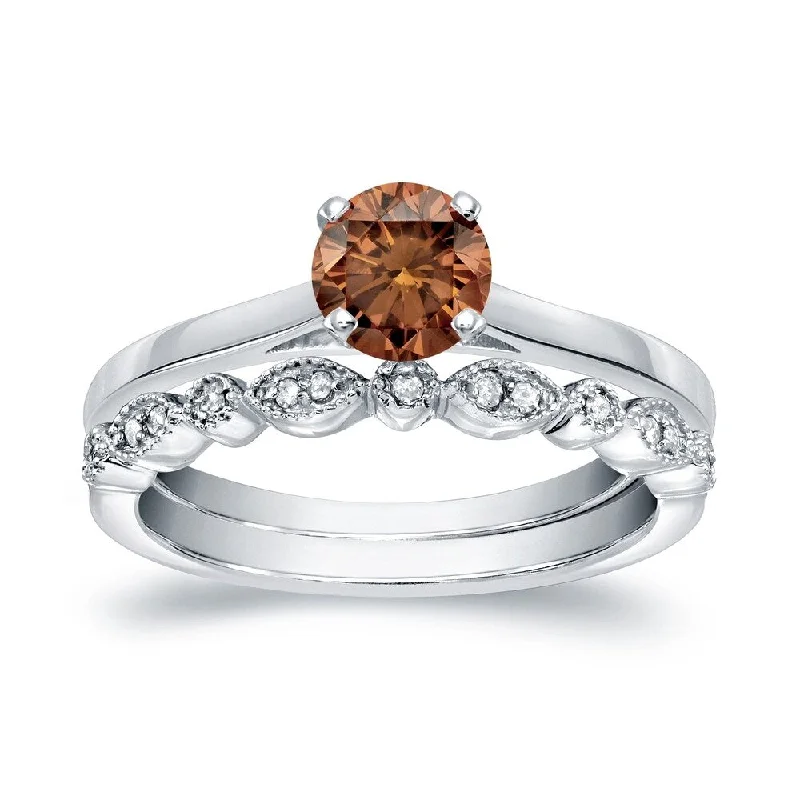 Halo Engagement Rings with a Cushion - Cut Center Diamond and Rose Gold BandAuriya Vintage Stackable 2/3ctw Solitaire Brown Diamond Engagement Ring Set 14K Gold