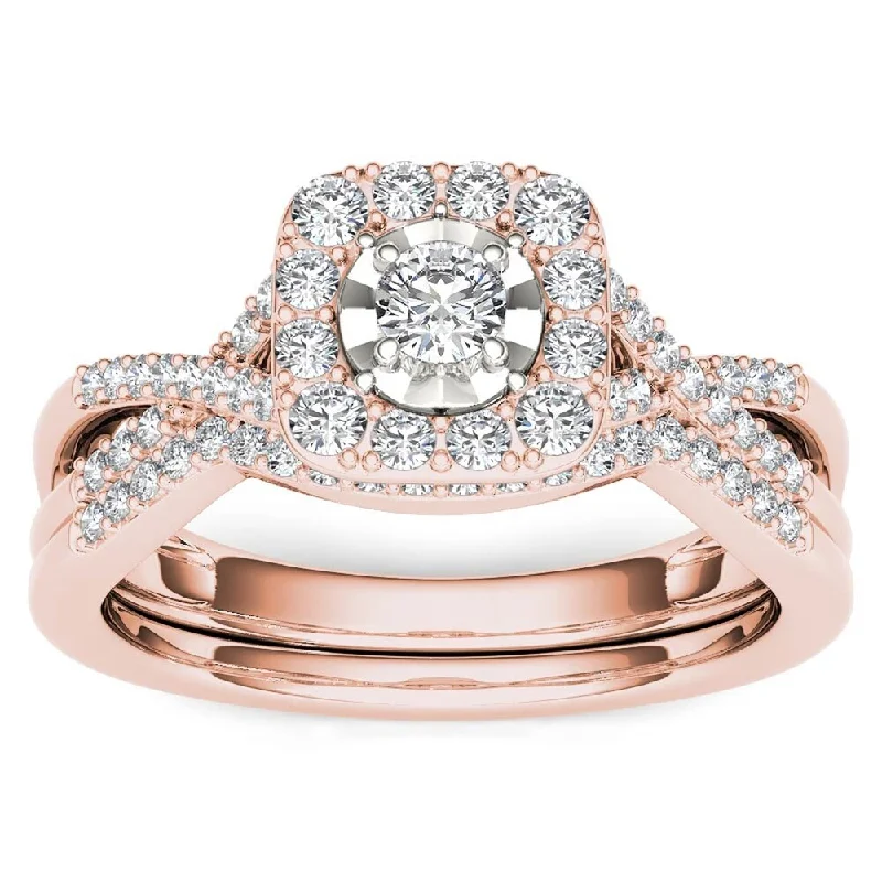 Oval Cut Engagement Rings in Palladium with a Hidden Halo for a Surprise SparkleDe Couer 10k Rose Gold 2/5ct TDW Diamond Halo Engagement Ring Set with One Band - Pink