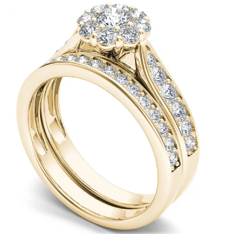 Cluster Engagement Rings with Multiple Small Diamonds Arranged in a Stunning DesignDe Couer 14k Yellow Gold 1ct TDW Diamond Double Halo Bridal Ring Set