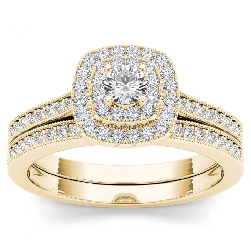 Art Deco Engagement Rings with Geometric Patterns and Baguette - Cut Diamond AccentsDe Couer IGI Certified 14k Yellow Gold 1/2ct TDW Diamond Double Halo Bridal Ring Set