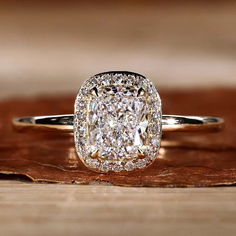 Vintage - Inspired Engagement Rings with Filigree Work and Emerald - Cut Center StoneElongated Cushion Cut Lab Created Diamond Halo Engagement Ring