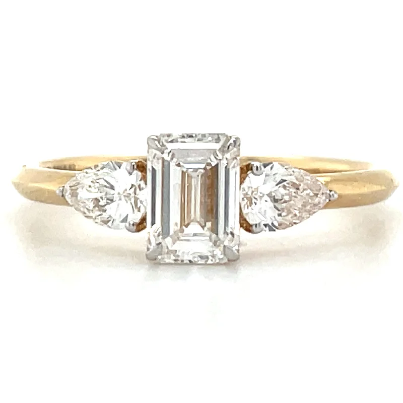 Halo Engagement Rings with a Cushion - Cut Center Diamond and Rose Gold BandEverly 1.15ct Laboratory Grown Emerald Cut & Pear Three Stone Engagement Ring