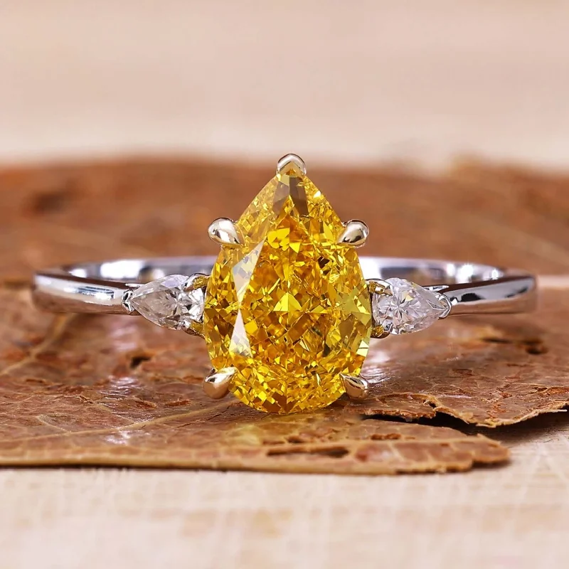 Oval Cut Engagement Rings in Palladium with a Hidden Halo for a Surprise Sparkle1.61 CT Pear Cut Intense Yellow Lab Grown Diamond Three Stones Engagement Ring