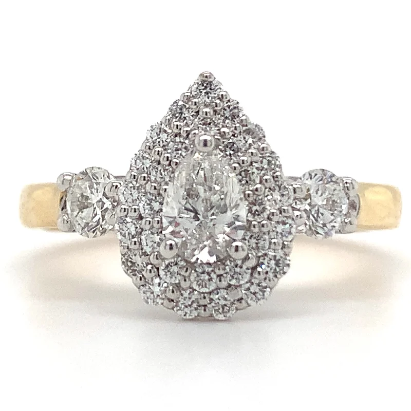 Vintage - Inspired Engagement Rings with Filigree Work and Emerald - Cut Center StoneRaya - 18ct Yellow Gold 0.85ct Pear Cut Double Halo Earth Grown Diamond Engagement Ring with Side Stones