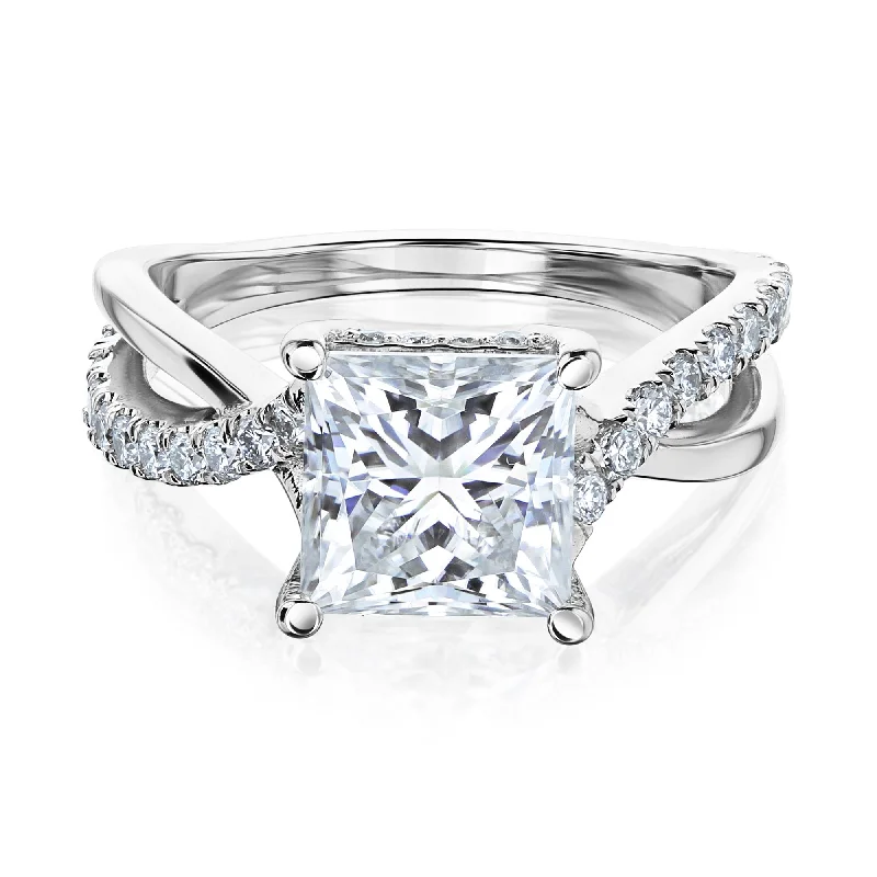 Solitaire Engagement Rings with a High - Clarity Round Diamond and Tapered BandRibbon Ring - Princess Moissanite & Diamond