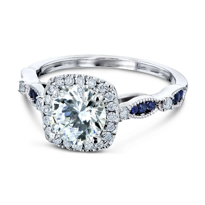 Vintage - Inspired Engagement Rings with Filigree Work and Emerald - Cut Center StoneRound Moissanite and Blue Sapphire Ring