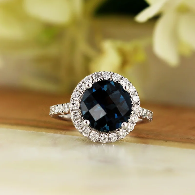 Topaz Gemstone Rings in 10K Gold with a Channel - Set Design for a Contemporary and Durable OptionAuriya 3 1/3ct Fancy Round London Blue Topaz and Halo Diamond Engagement Ring 5/8ctw 14k Gold