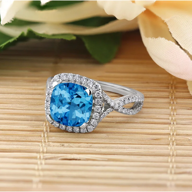 Agate Gemstone Rings in Sterling Silver with a Mosaic - Inspired Inlay for a Bohemian StyleAuriya 3 1/8ct Cushion-cut Swiss Blue Topaz and Halo Diamond Engagement Ring 1/2cttw 14k Gold