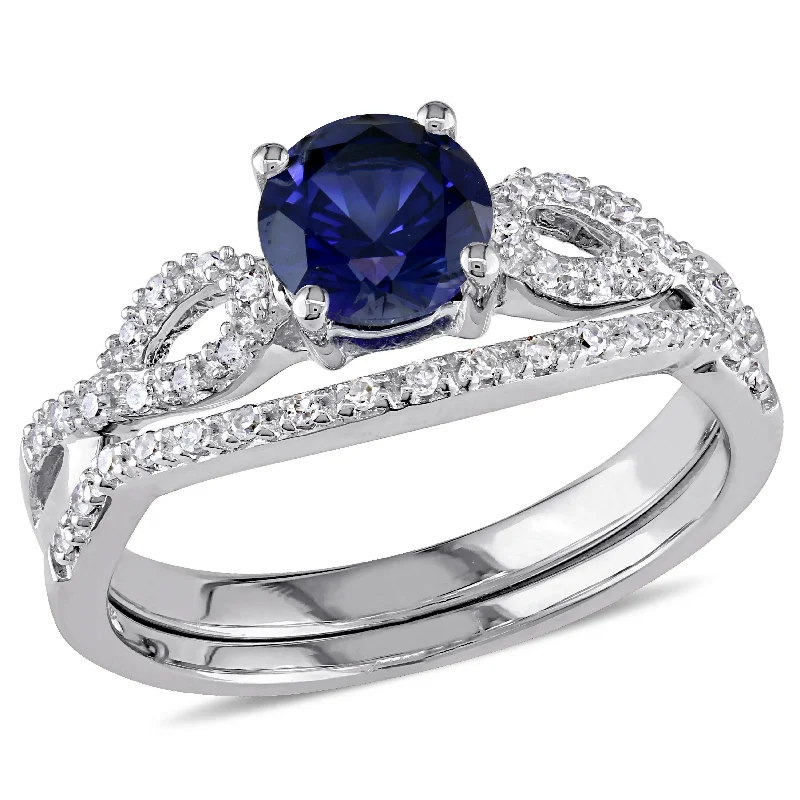 Sapphire Gemstone Rings in 18K White Gold with Diamond Accents for an Elegant EngagementMiadora 10k White Gold Created Blue Sapphire and 1/6ct TDW Diamond Bridal Ring Set