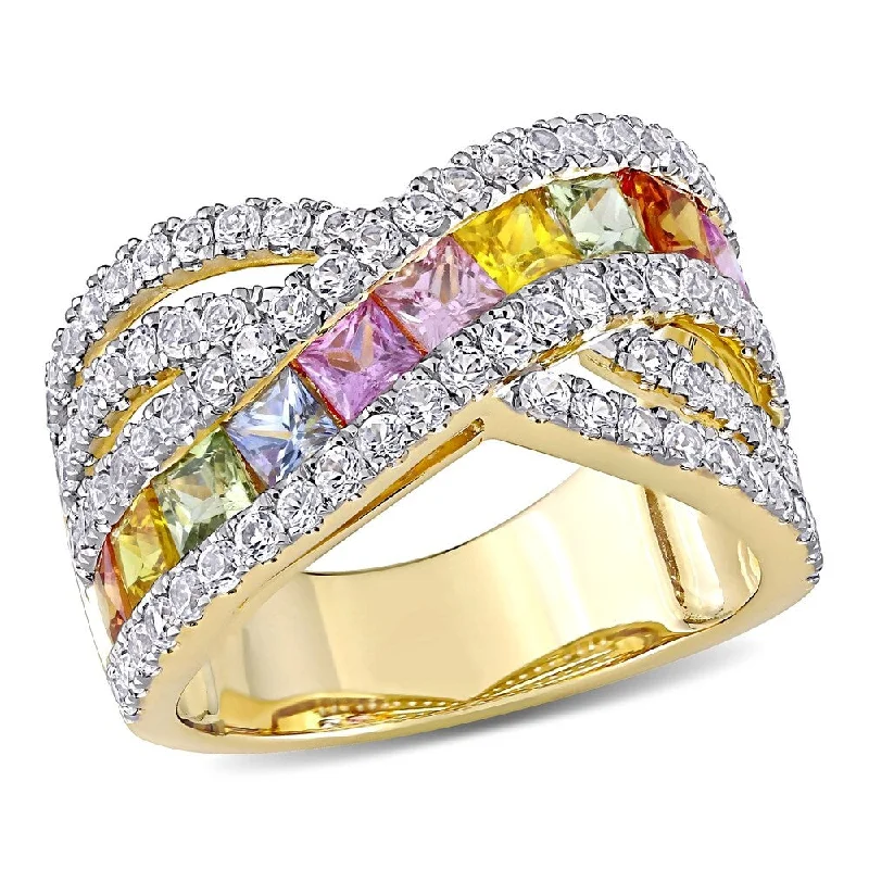 Topaz Gemstone Rings in 10K Gold with a Channel - Set Design for a Contemporary and Durable OptionSquare-Cut Multi-Color Sapphire Crossover Ring in 14k Yellow Gold by Miadora