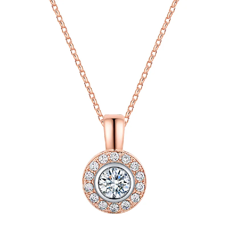 Braided Hemp Rope Necklace with a Seashell Pendant for Summer BeachgoersHalo pendant with 1.45 carats* of diamond simulants in 10 carat rose and white gold