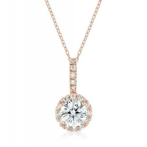 Magnetic - Closure Pendant Necklace with a Hidden Compartment for Secret KeepersHalo pendant with 1.45 carats* of diamond simulants in 10 carat rose gold