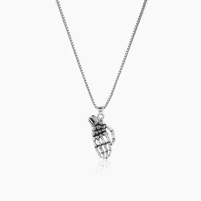 Magnetic - Closure Pendant Necklace with a Hidden Compartment for Secret KeepersOxidised Silver Skeletal Hand Pendant With Box Chain For Him