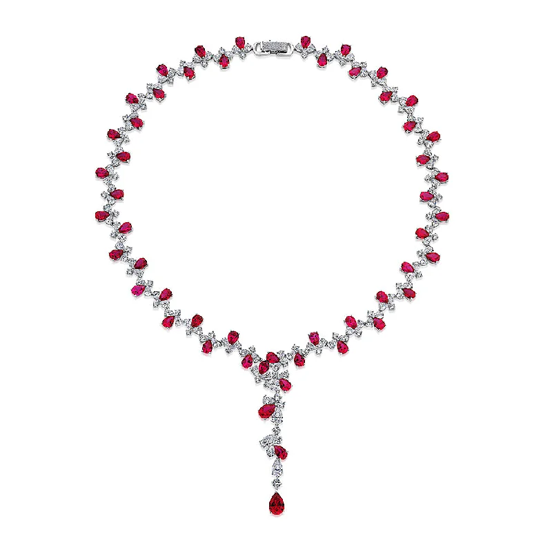 Statement - Making Large - Gemstone - Studded Geometric Pendant Necklace for Evening PartiesStatement necklace with ruby simulants and 32.71 carats* of diamond simulants in sterling silver