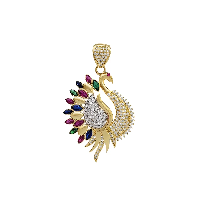 Handmade Leather - Wrapped Crystal Pendant for a Bohemian AestheticZirconia Multicolor Peacock Pendant (14K)